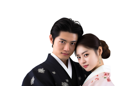 Love in the Air: Traditional Japanese Couple on Asian Valentine’s Day, Isolated on Transparent Background, PNG - Powered by Adobe