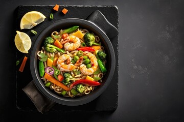 Stir fry noodles with shrimps and vegetables in black bowl on black background