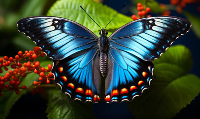 Vivid blue and red butterfly perched on green foliage with delicate wings outstretched, embodying nature's grace