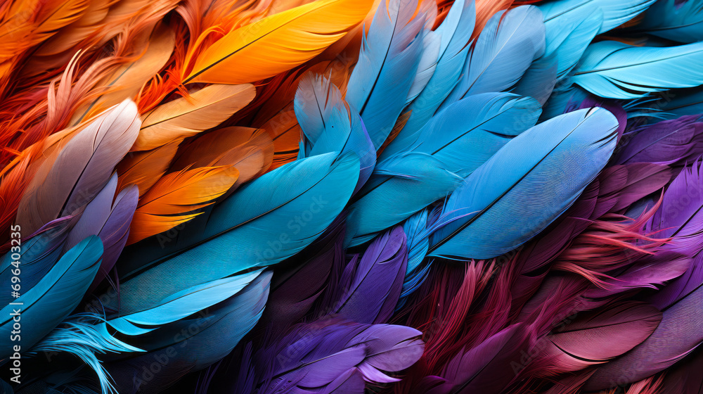 Poster explosion of vibrant multi-colored feathers creating a textured background, symbolizing diversity an