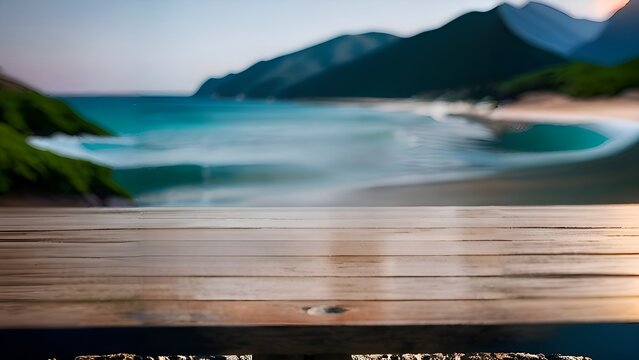 a close up of a wooden table near a body of water, mediterranean beach background, on a wooden table, on wooden table. generative ai