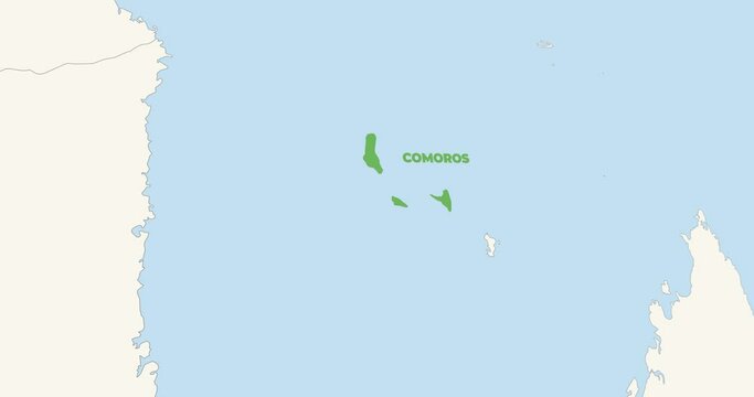 World Map Zoom In To Comoros. Animation in 4K Video. Green Comoros Territory On Blue and White World Map