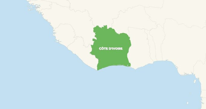 World Map Zoom In To Côte d'Ivoire. Animation in 4K Video. Green Ivory Coast Territory On Blue and White World Map