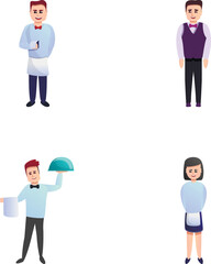 Waiter people icons set cartoon vector. Young man and woman waiter. Profession, service sector