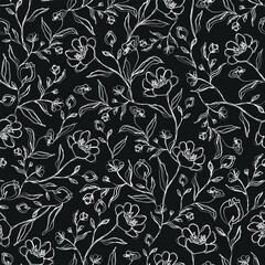 Fototapeta premium seamless pattern with one line flowers and leaves, black and white background, vector hand drawn illustration