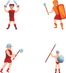Ancient warrior icons set cartoon vector. Legionary soldier in armor and weapon. Historical character, gladiator