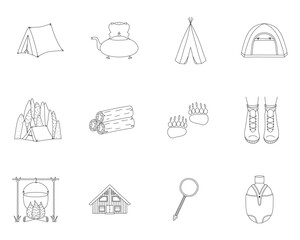 Travel outline icon set. Outdoor activities line illustrations. Editable stroke. Hiking, camping
