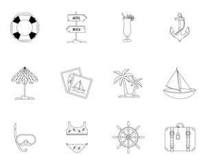Travel outline icon set. Outdoor activities line illustrations. Beach holiday. Editable stroke. Ocean. Beach activities icons