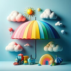 rainbow umbrella with clouds and rain - obrazy, fototapety, plakaty