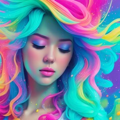 Portrait of a woman with colorful hair and a multicolored background