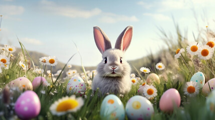 Fototapeta na wymiar copy space, stockphoto, Cute Cartoon Spring Easter Bunny in a Field of Flowers and Easter Eggs. Beautiful design for school, menu, poster, greeting card.