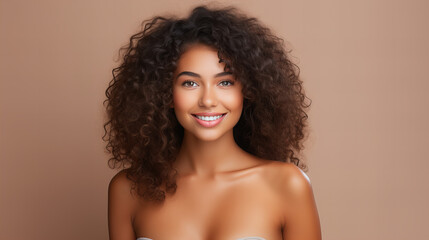International Women day, 8 March, Confident woman, Tender charming happy curly woman has relaxed joyful face expression, poses against beige background, blank space, nude , clear body