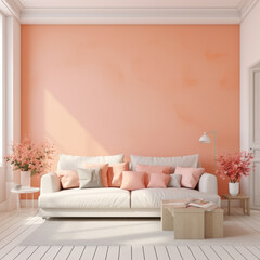 Comfortable modern sofa with peach down pillows. There are tables on both sides of the sofa, and on...
