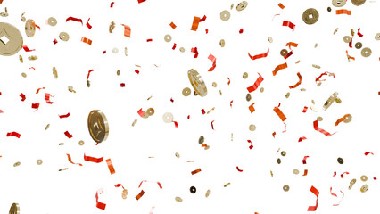 A 3D illustration of falling golden ingots, coins, and confetti, representing the jackpot or success and luck concept in Asian culture, isolated on a transparent background in PNG format.