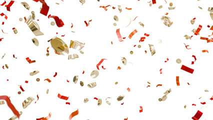 A 3D illustration of falling golden ingots, coins, and confetti, symbolizing the jackpot or success and luck concept in Asian culture, isolated on a transparent background in PNG format.