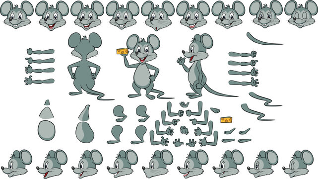 Vector cartoon style rat, mouse character for animation. Different emotions, gestures and poses. Isolated vector illustration.