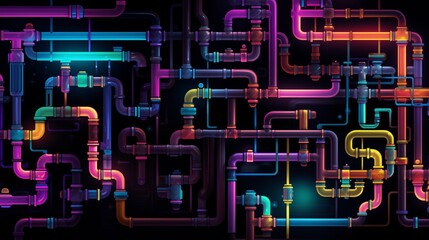 Futuristic game scene, Abstract neon Pipes Background. Games, Technology and Steam punk pattern. Game background with labyrinth. Retro game