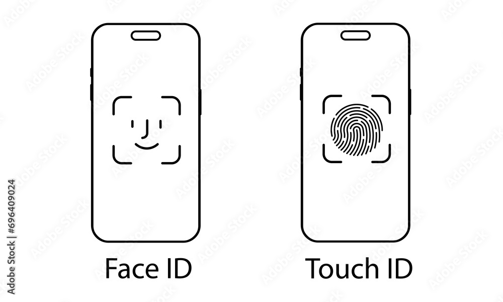 Poster tap id and the face id icon on mobile devices. vector linear illustration. face scanning process. li