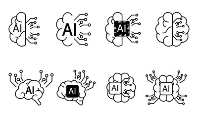 AI artificial intelligence icons set, Brain with biochip, artificial intelligence chip depicted on the brain, Artificial intelligence in a human set of vector illustrations eps10