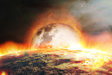 Apocalyptic abstract background with Moon fall and burning Earth . Elements of this image furnished...