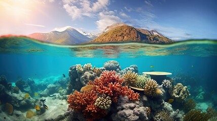 horizontal view of a coral reef in a bright sunlight coming through the transparent water in a...