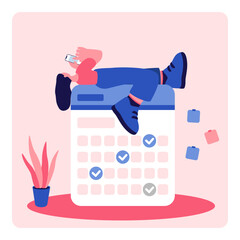 Planning tasks in calendar on phone and relaxing vector illustration