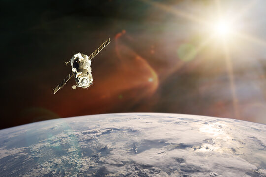 Blue planet Earth. Spacecraft launch into space. Elements of this image furnished by NASA.