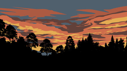 Fototapeta na wymiar Dusk in forest with tree silhouette and colorful clouds