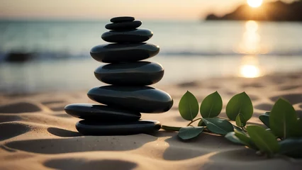 Poster Im Rahmen Stack of black zen stones with green leaves on sand background at sunset from Generative AI © SevenThreeSky