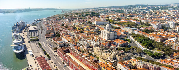 Aerial view of Lisbon city center. View of National Pantheon at right. Spectacular cruise ships...
