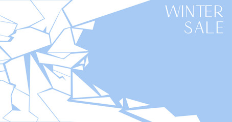 Cracked ice horizontal banner with a space for text from right hand site. Ice white puzzle pieces around light blue ice hole. Damaged ice layout template. Mega winter sale offer poster. Vector.