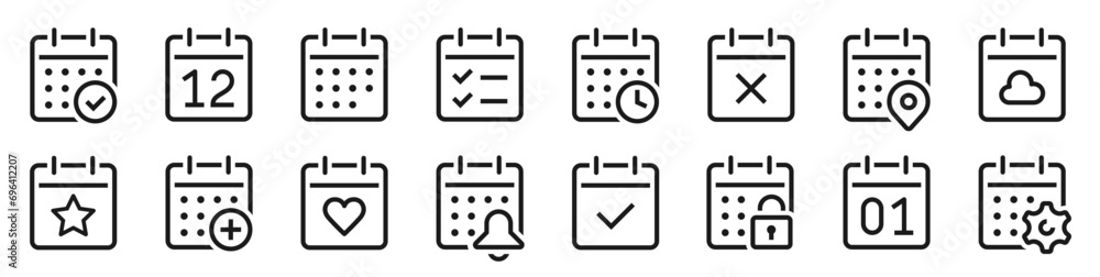Poster calendar icons collection set. simple calendar with clock, progress bar, map point, reminder, securi