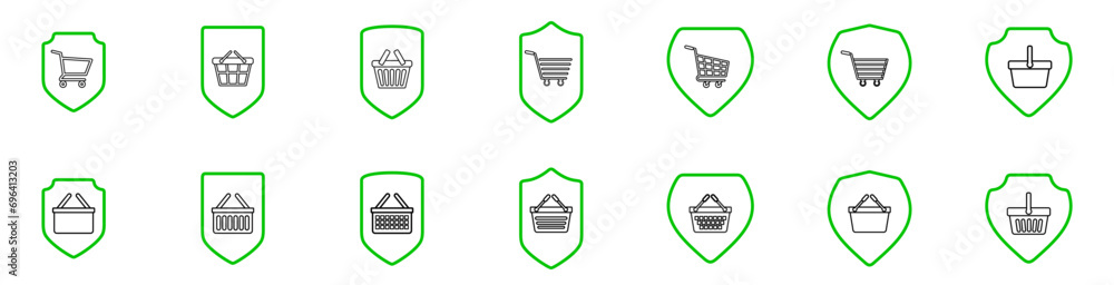 Poster careful saving shopping cart vector icon set. store save button green outline style. green shopping 