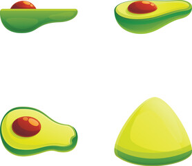 Avocado fruit icons set cartoon vector. Half avocado with pit. Exotic fruit, healthy nutrition