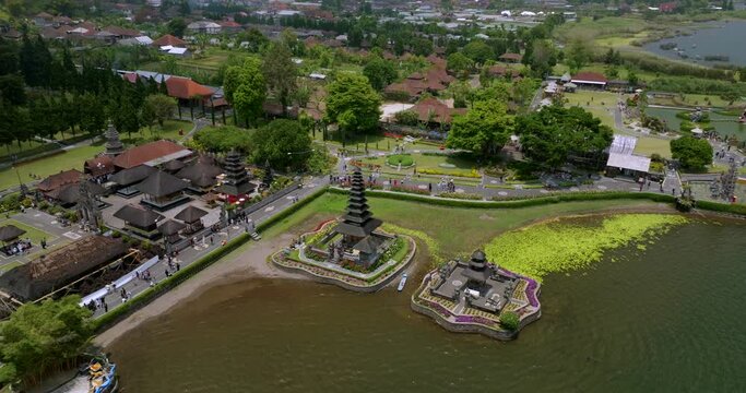 Ulun Danu Beratan Temple in Bali, drone view of the temple and surrounding area