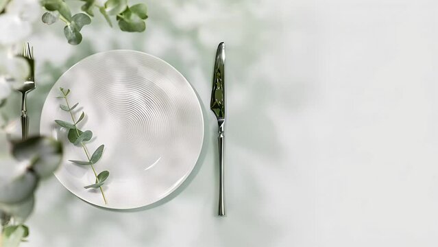 Spring holiday table settings. Empty plate with fork and knife on blue background with eucalyptus leaves. Romantic summer holiday footage with setting suitable for menu. Flat lay