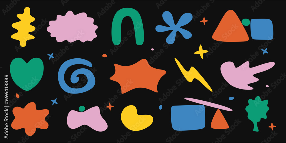 Poster set of abstract shapes and trendy graphic elements. contemporary various shapes and doodle objects. 