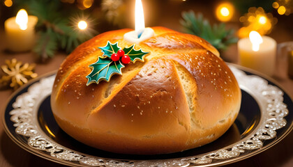 Le beau pain de Noël est décoré avec une bougie