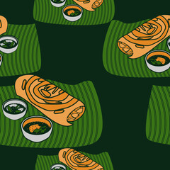 Editable Dark Background Top Side View Indian Masala Dosa With Chutney and Sambar on Banana Leaf Vector Illustration Seamless Pattern for Cuisine Related Design With South Asian Culture and Tradition