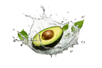 avocado with splashing water isolated on white or transparent png