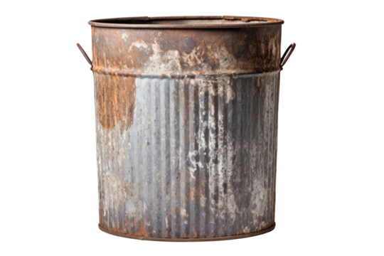 old rusty metal trash can isolated on white or transparent png
