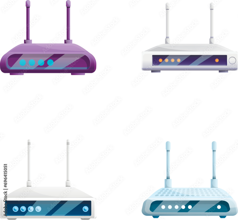 Poster internet router icons set cartoon vector. wireless wi fi router. modern device