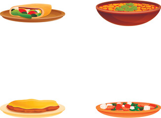 Breakfast icons set cartoon vector. Various dish for breakfast. Cooking, food concept