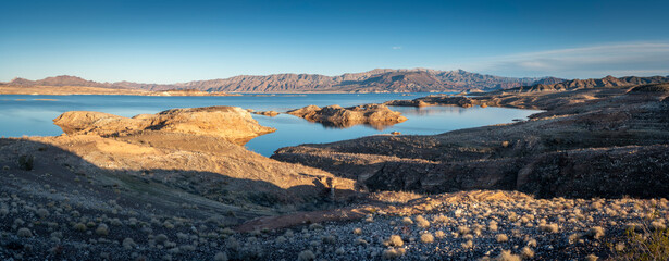 lake in the mountains. Sunset point at Lake Mead with a beautiful sunset. NV, USA.