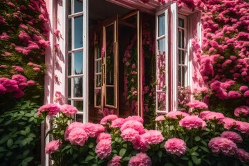 Fototapeta na wymiar pink flowers surrounding french door.