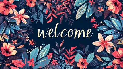 Fototapeta na wymiar words welcome in blue color with flowers and leaves