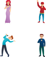 Solo performance icons set cartoon vector. Singer performance. Performance, show, singing