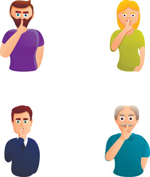 Secret icons set cartoon vector. Man and woman keep finger on lips. Demonstrate silence sign, secret
