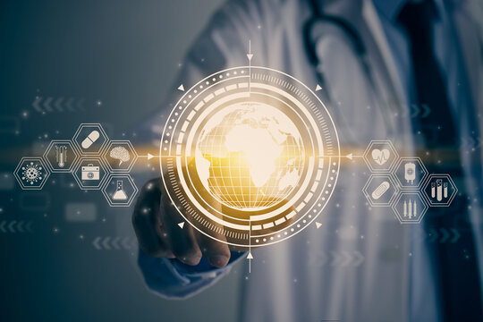 Doctor Hand and Finger Touch Screen Yellow Globe and World or Earth Hud and Medical Equipment Icon. Medical Technology,Innovation,Science and Healthcare Concept in Vintage Tone