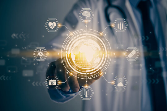 Doctor Hand and Finger Touch Screen Yellow Globe and World or Earth Hud and Hexagon Medical Equipment Icon. Medical Technology,Innovation,Science and Healthcare Concept in Vintage Tone - Powered by Adobe